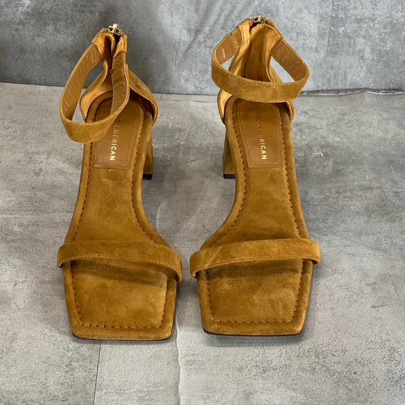 Good American Women's Amber Tan Square-Toe Ankle-Strap Block-Heel Sandals SZ 6 - Picture 3 of 11